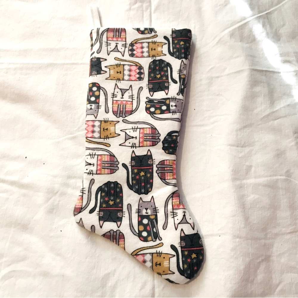 Holiday Cats Flannel Christmas Stocking Handcrafted